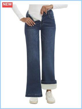 Fleece Lined Jeans High Rise Stretch Bell Bottom Winter Pants